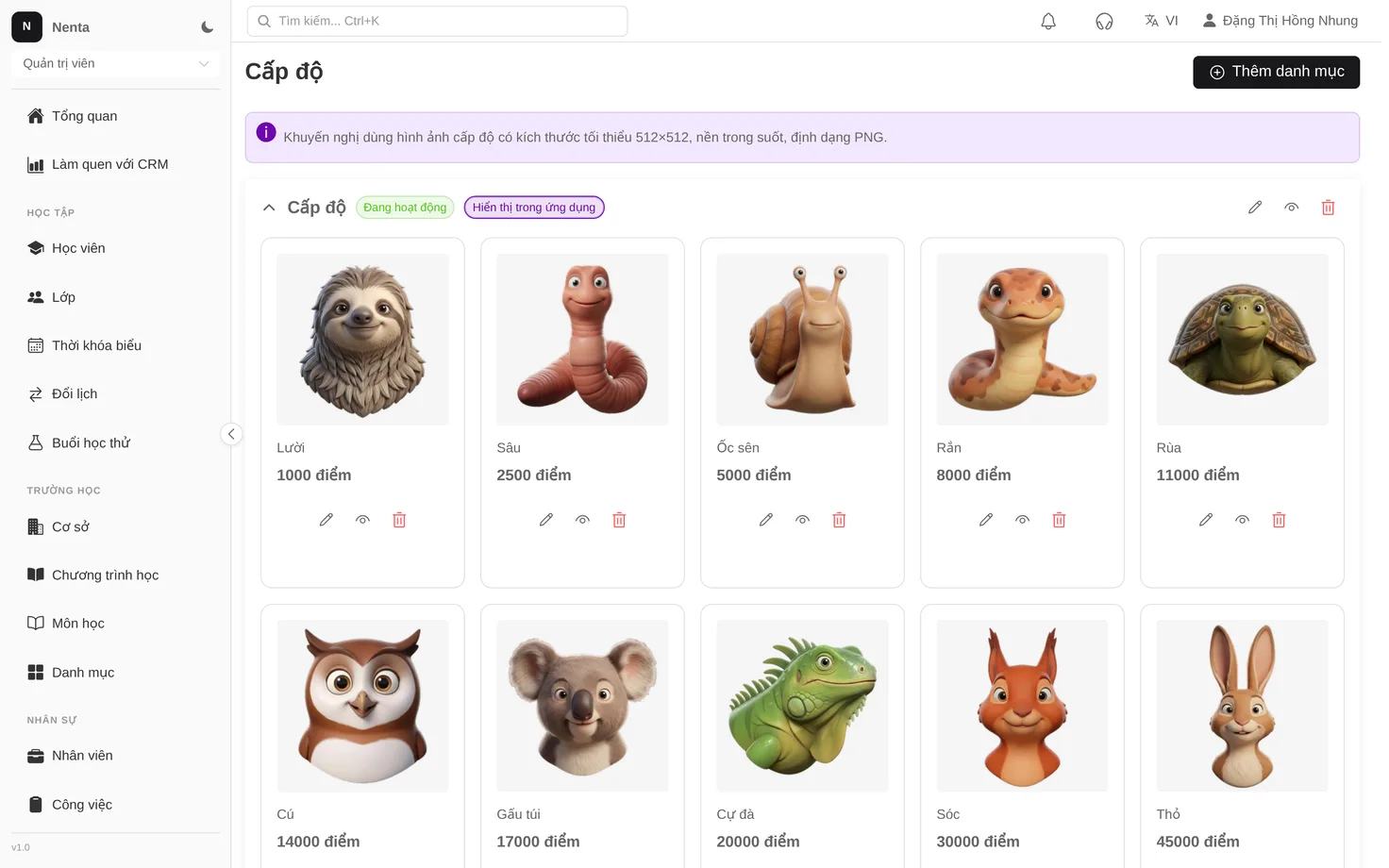 Danh sách cấp độ học viên với icon và ngưỡng điểm cho từng cấp