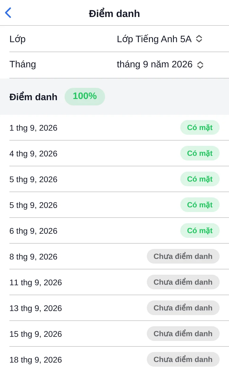 Lịch sử điểm danh của một học viên theo tháng
