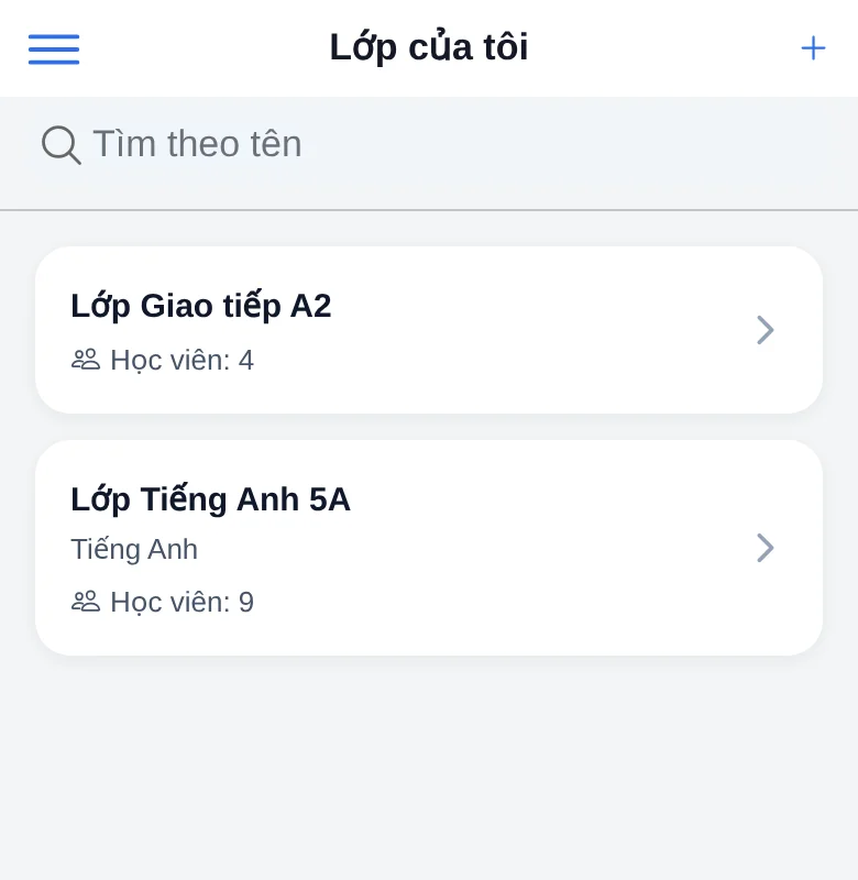 Danh sách lớp của giáo viên trong ứng dụng