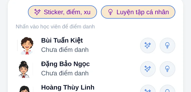 Danh sách học viên của buổi học với trạng thái chưa điểm danh