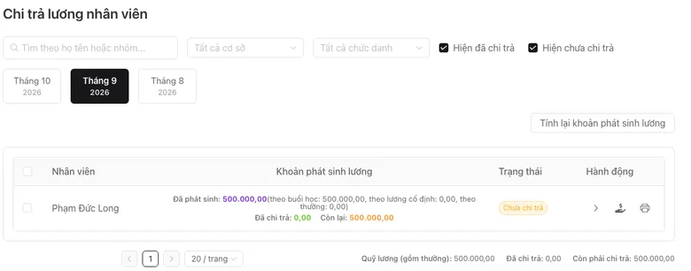 Bảng lương theo nhân viên với khoản phát sinh và trạng thái