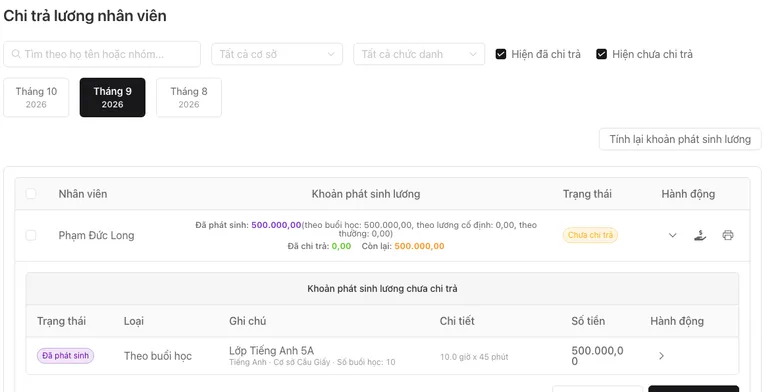 Chi tiết một khoản lương tính theo buổi dạy