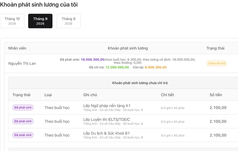 Trang lương của một giáo viên xem bằng tài khoản riêng