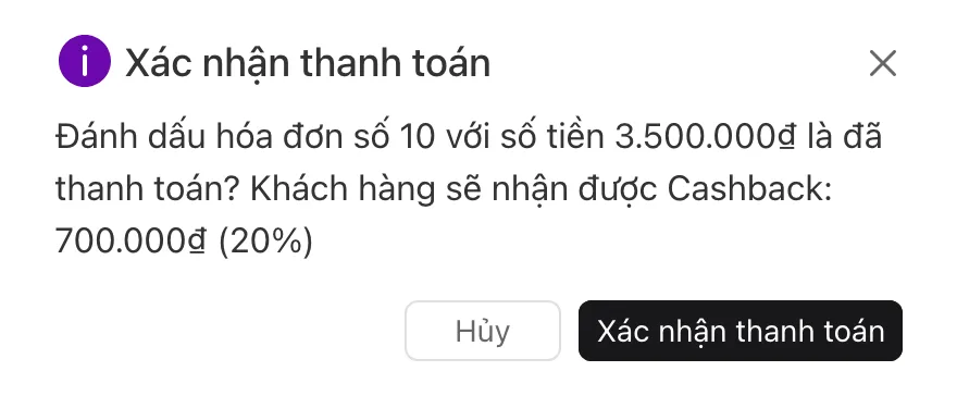 Hộp thoại xác nhận thanh toán hóa đơn hiển thị số tiền cashback học viên nhận được