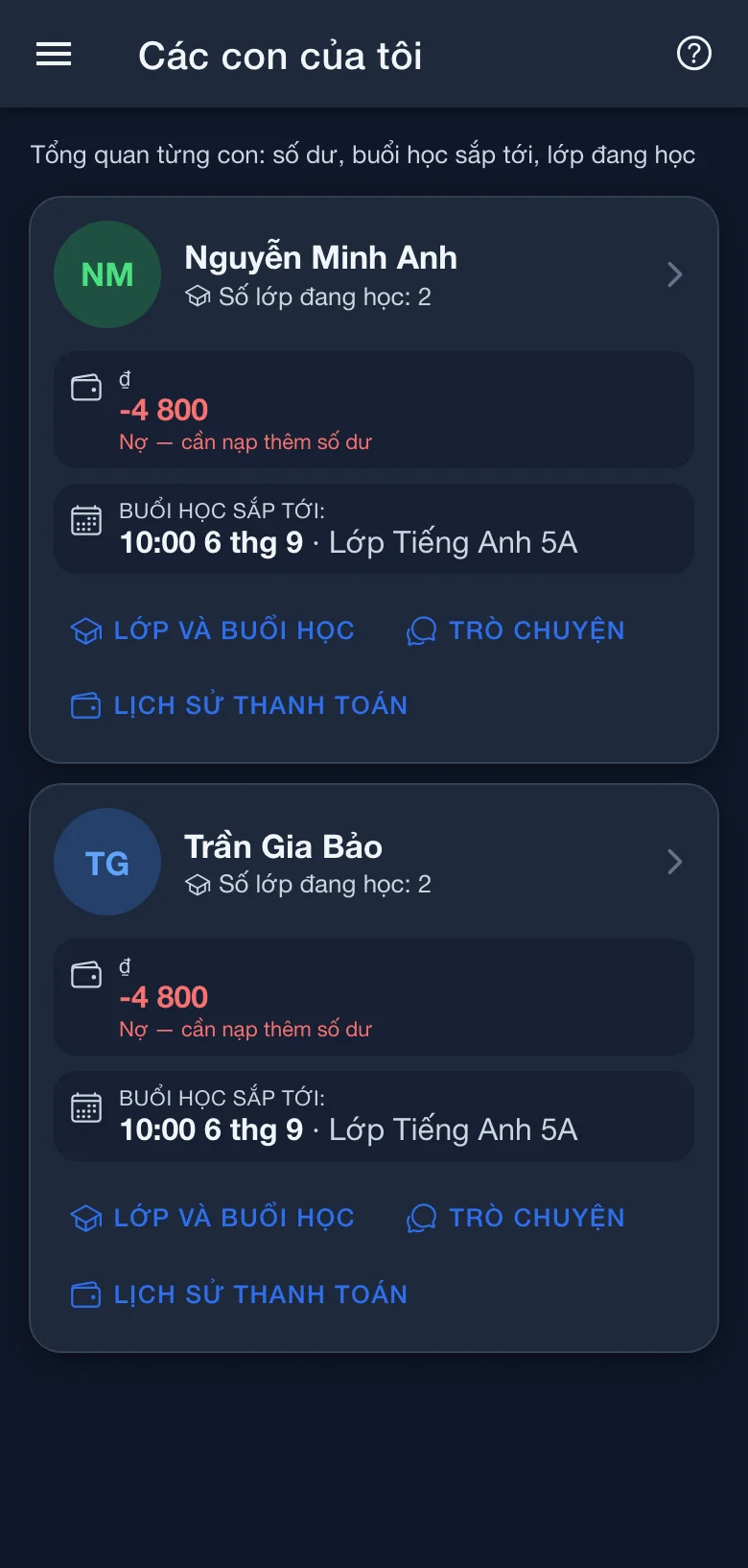 Màn hình Các con của tôi trong sổ liên lạc điện tử