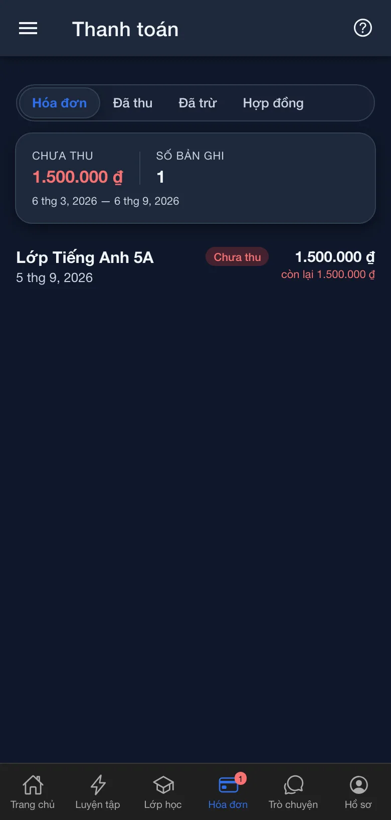 Danh sách hóa đơn học phí của học viên trong ứng dụng