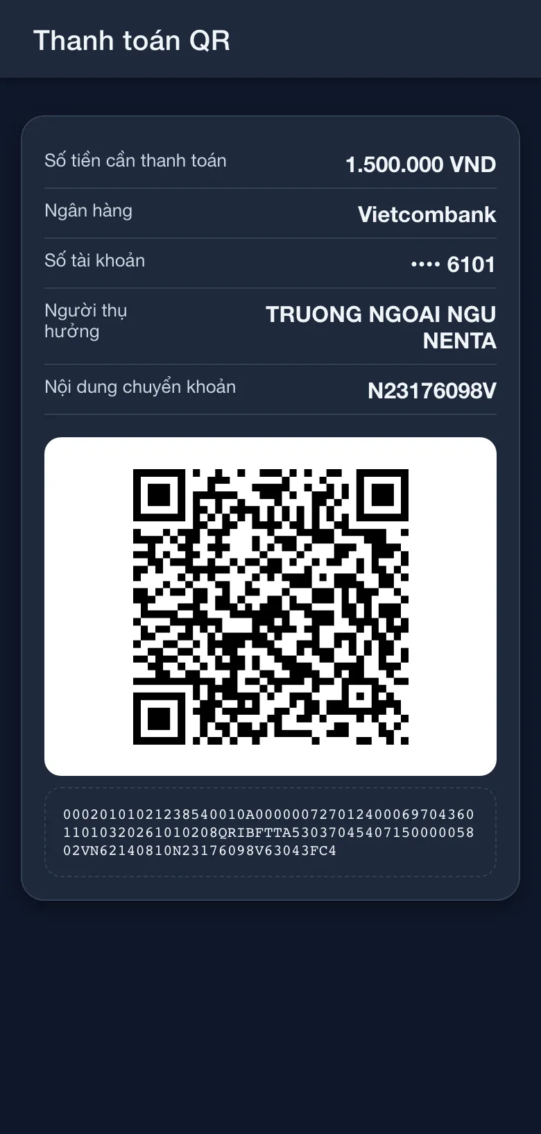 Màn hình thanh toán VietQR với mã QR, ngân hàng, số tài khoản và nội dung chuyển khoản