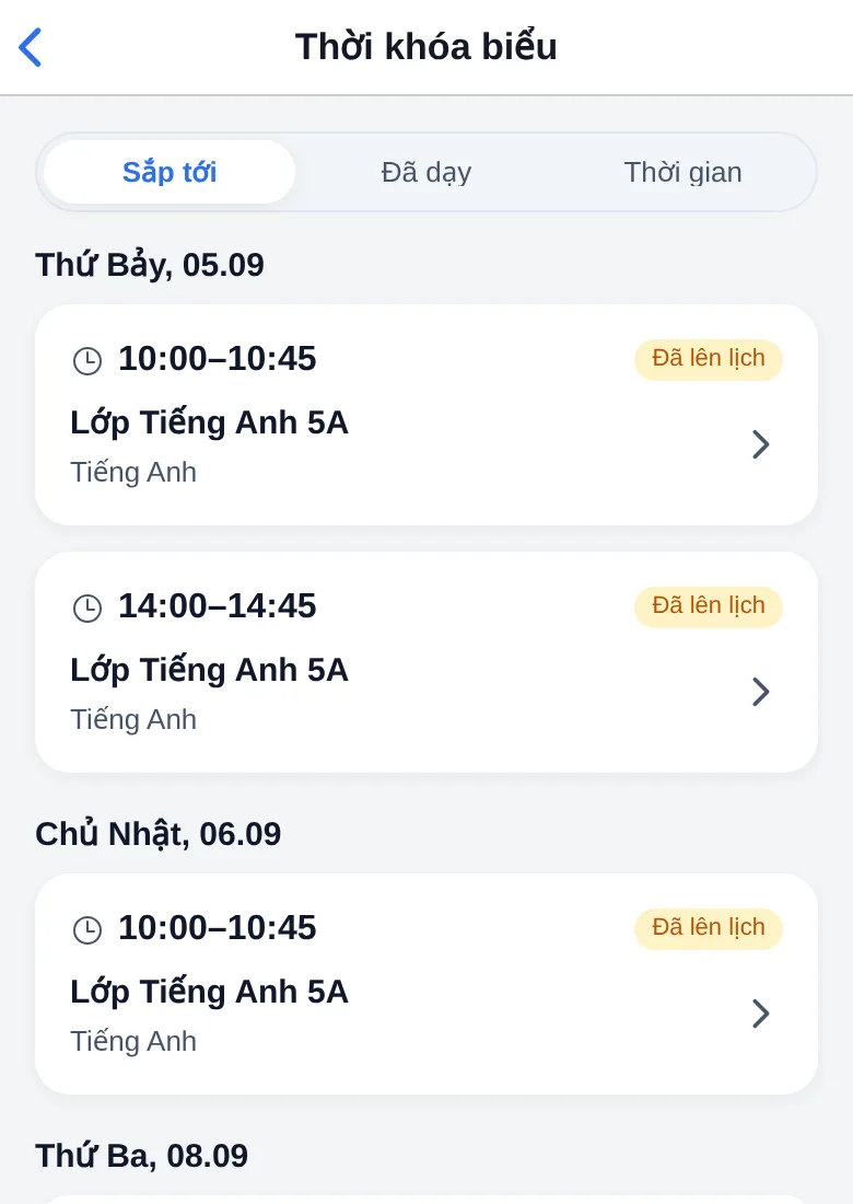 Danh sách buổi dạy sắp tới của giáo viên trong ứng dụng, nhóm theo ngày