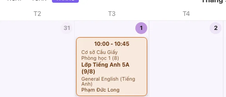 Chi tiết một buổi học: thời gian, phòng và giáo viên phụ trách