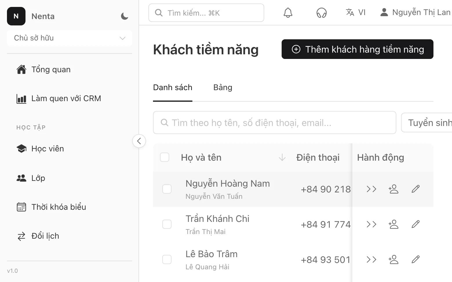 Danh sách khách hàng tiềm năng trong quy trình tuyển sinh