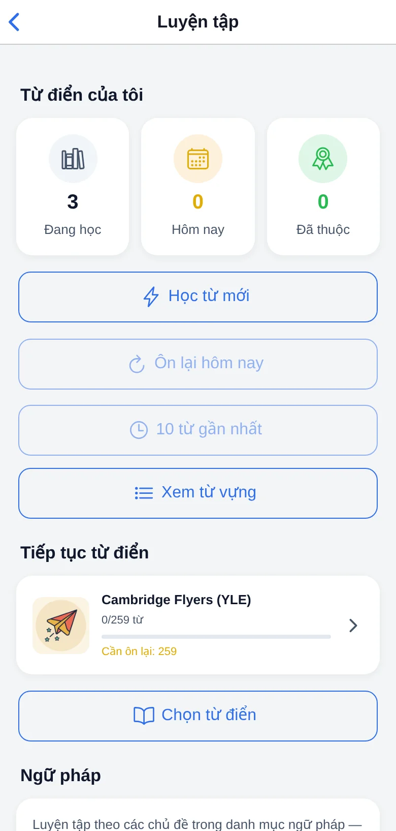 Màn hình luyện tập với từ điển của tôi và luyện tập ngữ pháp
