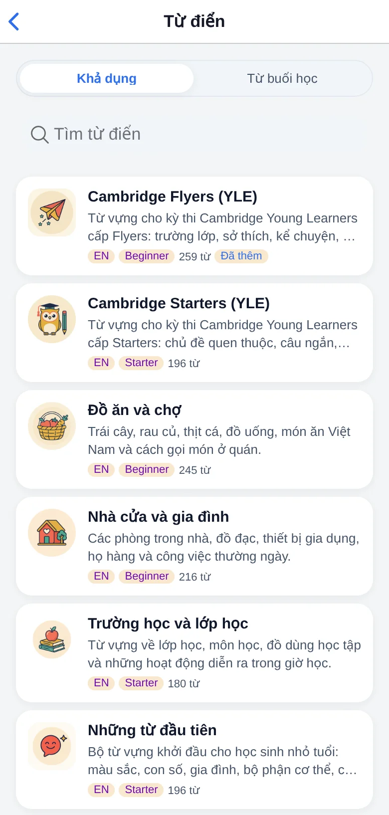 Danh sách từ điển của học viên với từ điển đã được giao