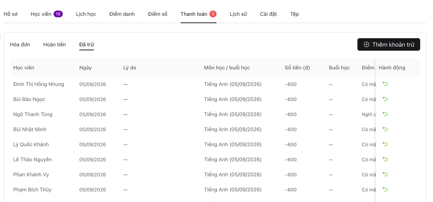 Tab Đã trừ trong Thanh toán của lớp học với danh sách buổi học đã trừ tiền và trạng thái điểm danh