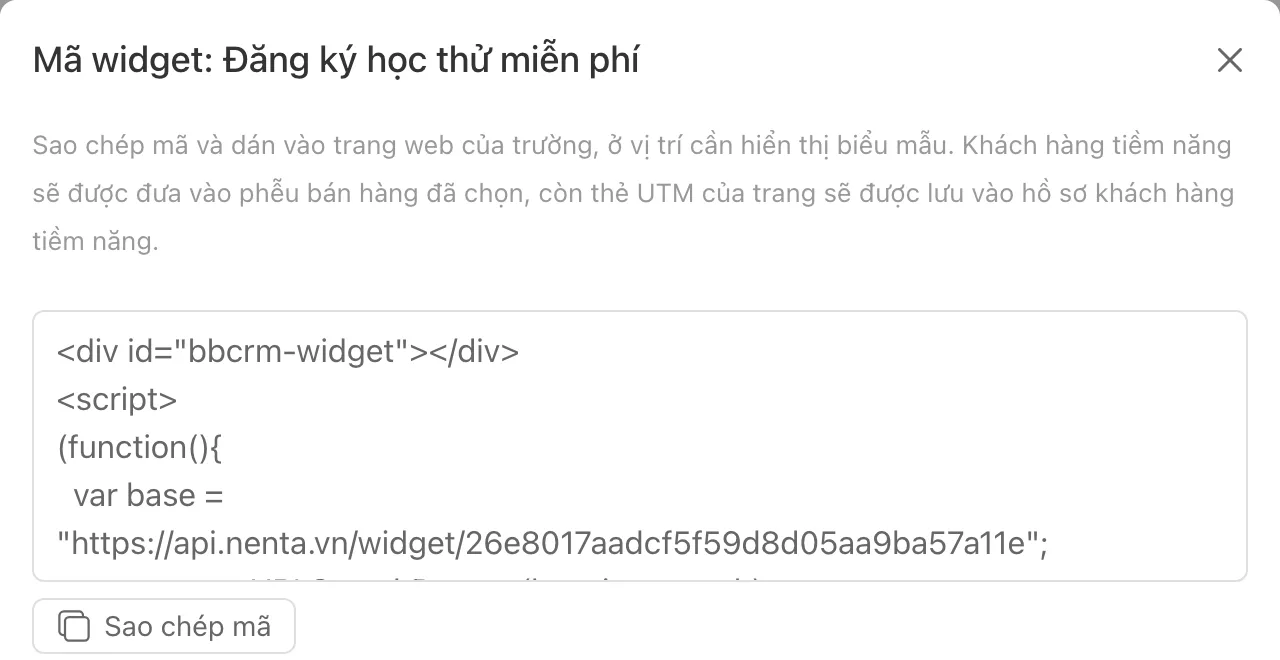 Mã widget của biểu mẫu Đăng ký học thử miễn phí, dán được thẳng vào trang web của trung tâm